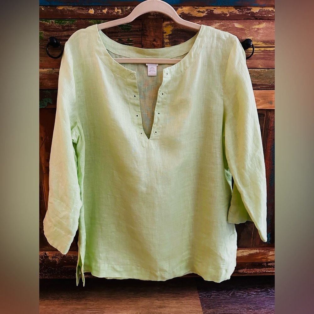Soft Surroundings Light Green Mint Linen V-Neck Tunic Top Roll Tab Sleeve Large